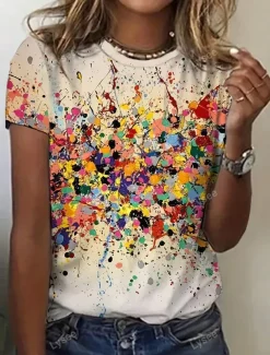 Women's T Shirt Ombre Casual Short Sleeve Round Neck Regular Tops Daily Print Purple Beige Summer