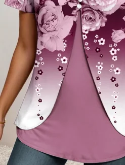 Women's T Shirt Ombre Floral Graphic Elegant Vintage Stylish Short Sleeve Crew Neck Round Neck Regular Tops Daily Going out Patchwork Buttons Tiered Dusty Blue Fuchsia Summer Spring