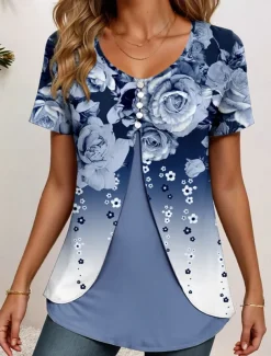 Women's T Shirt Ombre Floral Graphic Elegant Vintage Stylish Short Sleeve Crew Neck Round Neck Regular Tops Daily Going out Patchwork Buttons Tiered Dusty Blue Fuchsia Summer Spring