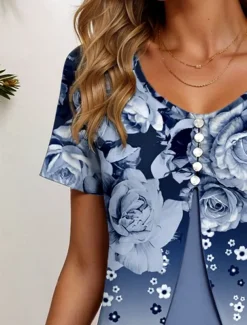 Women's T Shirt Ombre Floral Graphic Elegant Vintage Stylish Short Sleeve Crew Neck Round Neck Regular Tops Daily Going out Patchwork Buttons Tiered Dusty Blue Fuchsia Summer Spring