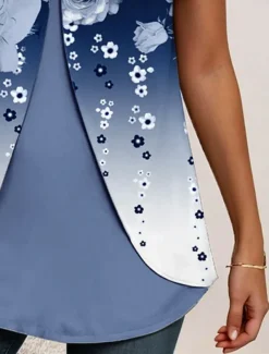 Women's T Shirt Ombre Floral Graphic Elegant Vintage Stylish Short Sleeve Crew Neck Round Neck Regular Tops Daily Going out Patchwork Buttons Tiered Dusty Blue Fuchsia Summer Spring