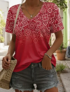 Women's T Shirt Ombre Floral Graphic Casual Short Sleeve V Neck Regular Tops Daily Print Yellow Red Blue Summer Spring