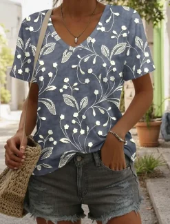 Women's T Shirt Ombre Floral Graphic Casual Short Sleeve V Neck Regular Tops Daily Print Yellow Red Blue Summer Spring