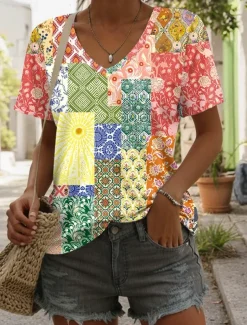 Women's T Shirt Ombre Floral Graphic Casual Short Sleeve V Neck Regular Tops Daily Print Yellow Red Blue Summer Spring