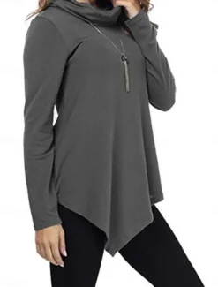 Women's T Shirt Plain Fashion Modern Casual Long Sleeve Pile Neck Regular Tops Daily Weekend Black Dark Green Gray Fall Winter