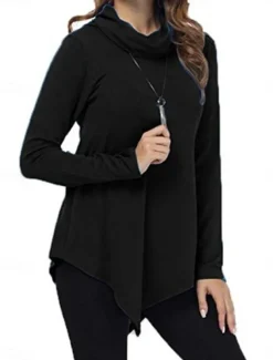 Women's T Shirt Plain Fashion Modern Casual Long Sleeve Pile Neck Regular Tops Daily Weekend Black Dark Green Gray Fall Winter