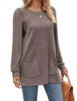 Women's T Shirt Plain Fashion Modern Casual Long Sleeve Crew Neck Regular Tops Daily Weekend Pocket Army Green Brown Gray Fall Winter