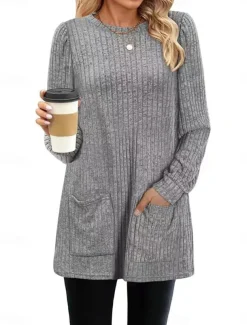 Women's T Shirt Plain Fashion Modern Casual Long Sleeve Crew Neck Regular Tops Daily Weekend Pocket Army Green Brown Gray Fall Winter