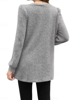 Women's T Shirt Plain Fashion Modern Casual Long Sleeve Crew Neck Regular Tops Daily Weekend Pocket Army Green Brown Gray Fall Winter