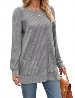 Women's T Shirt Plain Fashion Modern Casual Long Sleeve Crew Neck Regular Tops Daily Weekend Pocket Army Green Brown Gray Fall Winter