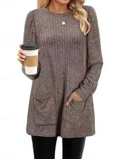 Women's T Shirt Plain Fashion Modern Casual Long Sleeve Crew Neck Regular Tops Daily Weekend Pocket Army Green Brown Gray Fall Winter