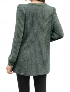 Women's T Shirt Plain Fashion Modern Casual Long Sleeve Crew Neck Regular Tops Daily Weekend Pocket Army Green Brown Gray Fall Winter