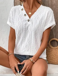 Women's T Shirt Plain Fashion Modern Casual Short Sleeve V Neck Regular Tops Daily Weekend Buttons White Blue Summer