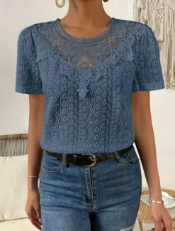 Women's T Shirt Plain Fashion Modern Casual Short Sleeve Crew Neck Regular Tops Daily Weekend Lace Patchwork Black White Pink Blue Khaki Summer