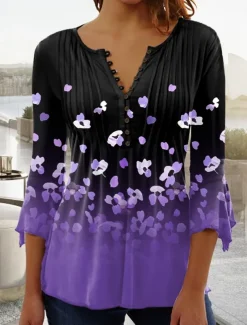 Women's T Shirt Plus Size Shirt T Shirt Henley Shirt Blouse Graphic Polka Dot Flower Basic Long Sleeve Round Neck Regular Tops Casual Weekend Buttons Print Denim Blue Grass Green Black Yellow Light