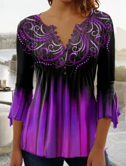 Women's T Shirt Plus Size Shirt T Shirt Henley Shirt Blouse Graphic Basic 3/4 Length Sleeve Round Neck Regular Tops Casual Weekend Buttons Print Pink Blue Green