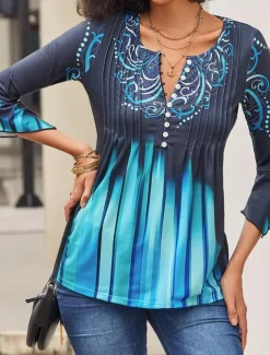 Women's T Shirt Plus Size Shirt T Shirt Henley Shirt Blouse Graphic Basic 3/4 Length Sleeve Round Neck Regular Tops Casual Weekend Buttons Print Pink Blue Green