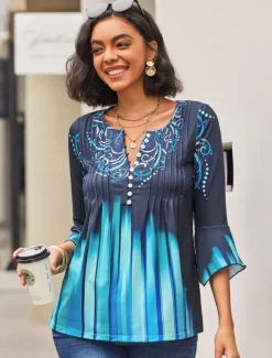 Women's T Shirt Plus Size Shirt T Shirt Henley Shirt Blouse Graphic Basic 3/4 Length Sleeve Round Neck Regular Tops Casual Weekend Buttons Print Pink Blue Green