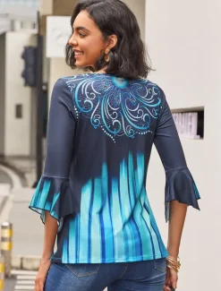 Women's T Shirt Plus Size Shirt T Shirt Henley Shirt Blouse Graphic Basic 3/4 Length Sleeve Round Neck Regular Tops Casual Weekend Buttons Print Pink Blue Green