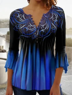 Women's T Shirt Plus Size Shirt T Shirt Henley Shirt Blouse Graphic Basic 3/4 Length Sleeve Round Neck Regular Tops Casual Weekend Buttons Print Pink Blue Green