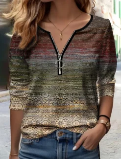 Women's T Shirt Quarter Zip Long Sleeve Casual Graphic V Neck Half Zip Regular Tops Daily Print Blue Brown Green Spring & Fall