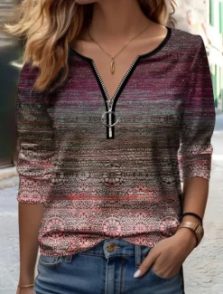 Women's T Shirt Quarter Zip Long Sleeve Casual Graphic V Neck Half Zip Regular Tops Daily Print Blue Brown Green Spring & Fall