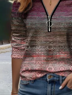 Women's T Shirt Quarter Zip Long Sleeve Casual Graphic V Neck Half Zip Regular Tops Daily Print Blue Brown Green Spring & Fall