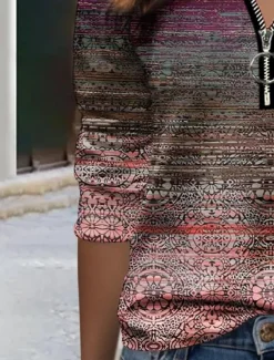 Women's T Shirt Quarter Zip Long Sleeve Casual Graphic V Neck Half Zip Regular Tops Daily Print Blue Brown Green Spring & Fall