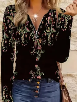 Women's T Shirt Quarter Zip Long Sleeve Casual Graphic Tribal Vintage Bohemia Tropical Hawaiian V Neck Regular Tops Daily Going out Black Spring Fall