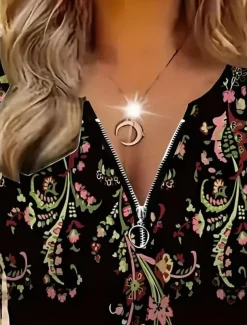 Women's T Shirt Quarter Zip Long Sleeve Casual Graphic Tribal Vintage Bohemia Tropical Hawaiian V Neck Regular Tops Daily Going out Black Spring Fall