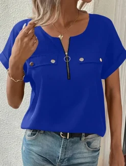 Women's T Shirt Solid Color Plain Fashion Modern Casual Short Sleeve Crew Neck Regular Tops Daily Weekend Zipper Buttons Black Wine Blue Purple Summer