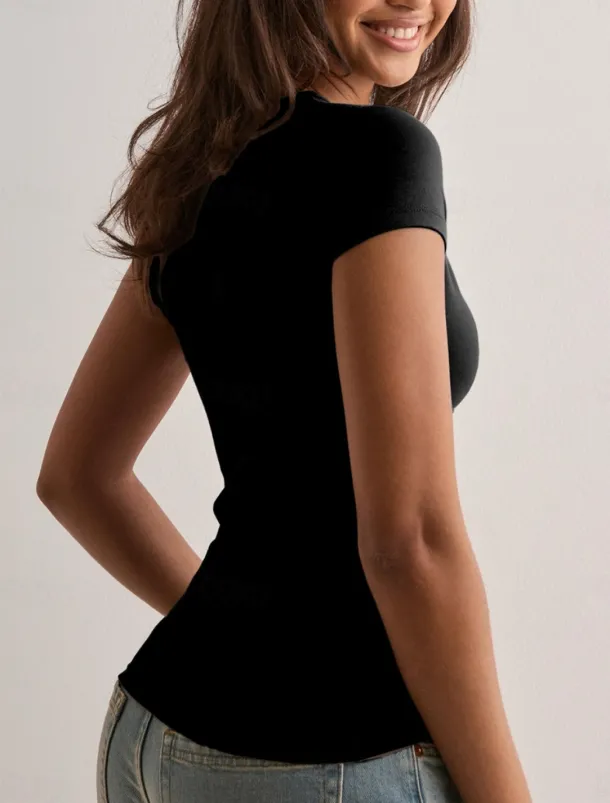 Women's T Shirt Solid Color Graphic Fashion Stylish Basic Short Sleeve V Neck Regular Tops Daily Weekend Black White Wine Beige Summer