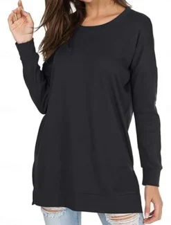 Women's T Shirt Solid Color Daily Casual Long Sleeve Crew Neck Regular Tops Work Daily Patchwork Black White Blue Spring & Fall