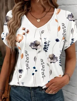Women's T Shirt Stylish Casual Floral Print Short Sleeve Regular Tops V Neck Daily White Summer