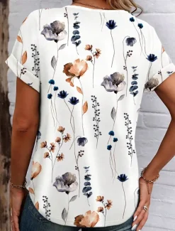 Women's T Shirt Stylish Casual Floral Print Short Sleeve Regular Tops V Neck Daily White Summer