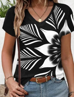 Women's T Shirt Stylish Floral Short Sleeve Regular Tops V Neck Daily Black Summer Spring