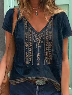 Women's T shirt Tee Blue Geometric Daily Going out Basic Ethnic V Neck S