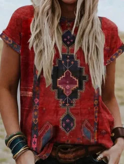 Women's T shirt Tee Red Graphic Tribal Patchwork Print Short Sleeve Casual Daily Basic Boho Ethnic Round Neck Regular S