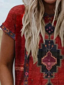 Women's T shirt Tee Red Graphic Tribal Patchwork Print Short Sleeve Casual Daily Basic Boho Ethnic Round Neck Regular S