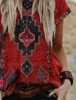 Women's T shirt Tee Red Graphic Tribal Patchwork Print Short Sleeve Casual Daily Basic Boho Ethnic Round Neck Regular S