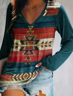 Women's T Shirt V Neck Long Sleeve Tunic Vintage Ethnic Print Regular Tops Vacation Daily Blue Spring Fall