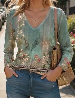 Women's T Shirt V Neck Long Sleeve Tunic Floral Fashion Modern Casual Regular Tops Daily Weekend Print Sage Green Fall Winter