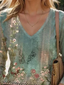 Women's T Shirt V Neck Long Sleeve Tunic Floral Fashion Modern Casual Regular Tops Daily Weekend Print Sage Green Fall Winter