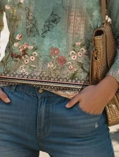 Women's T Shirt V Neck Long Sleeve Tunic Floral Fashion Modern Casual Regular Tops Daily Weekend Print Sage Green Fall Winter