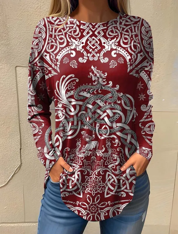 Women's T Shirt Vintage Fashion Long Sleeve Crew Neck Regular Tops Daily Going out Weekend Print Wine Summer Spring