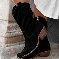 Women's Tan Faux Suede Western Cowboy Boots, Vintage Style Mid-Calf Boots with Side Zipper for Rodeo and Casual Wear