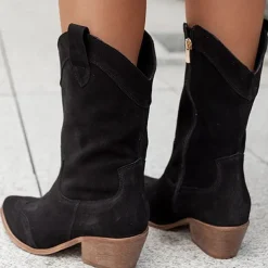 Women's Tan Faux Suede Western Cowboy Boots, Vintage Style Mid-Calf Boots with Side Zipper for Rodeo and Casual Wear