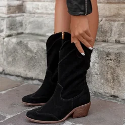 Women's Tan Faux Suede Western Cowboy Boots, Vintage Style Mid-Calf Boots with Side Zipper for Rodeo and Casual Wear