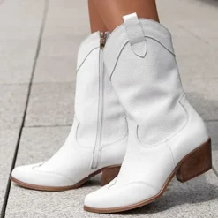 Women's Tan Faux Suede Western Cowboy Boots, Vintage Style Mid-Calf Boots with Side Zipper for Rodeo and Casual Wear