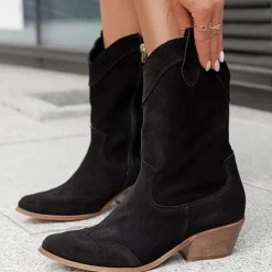 Women's Tan Faux Suede Western Cowboy Boots, Vintage Style Mid-Calf Boots with Side Zipper for Rodeo and Casual Wear